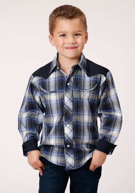 Roper Boys Long Sleeve Snap Navy Royal And White Plaid Western Shirt