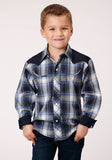 Roper Boys Long Sleeve Snap Navy Royal And White Plaid Western Shirt