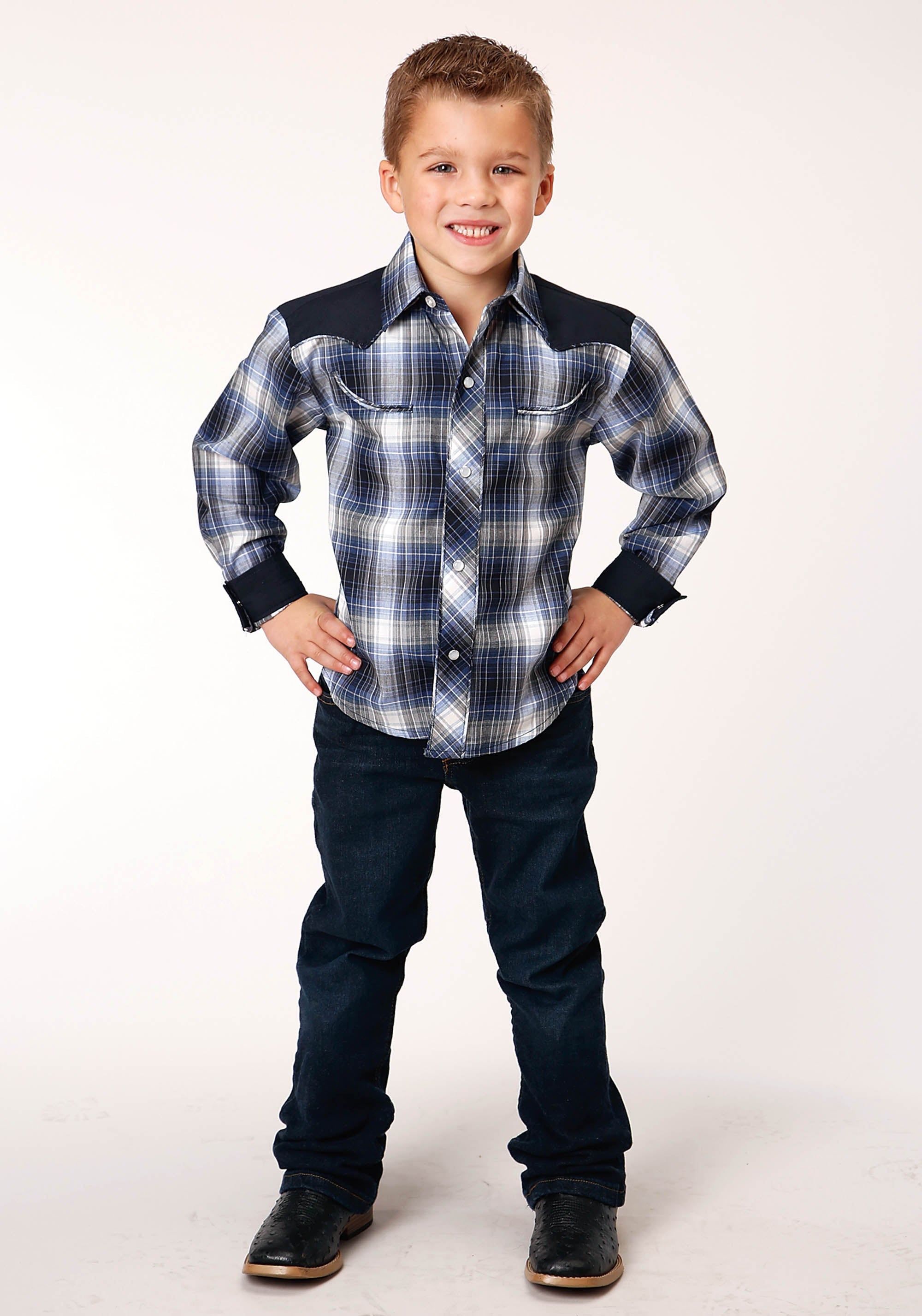 Roper Boys Long Sleeve Snap Navy Royal And White Plaid Western Shirt - Flyclothing LLC