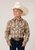 Roper Boys Long Sleeve Snap Khaki Forest Green Cream Plaid Western Shirt