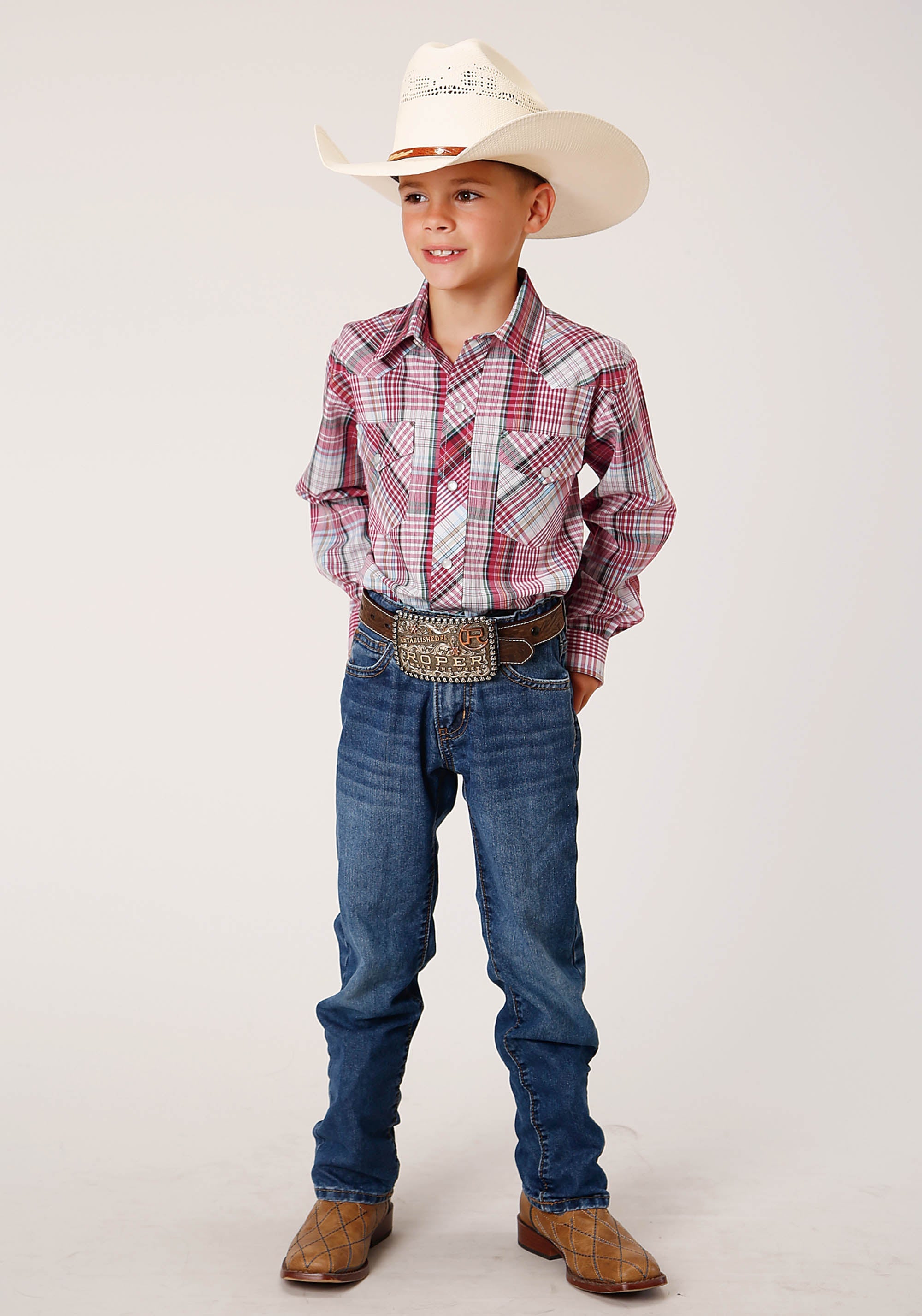 Roper Boys Long Sleeve Snap Red Primary Colors Plaid Western Shirt - Flyclothing LLC