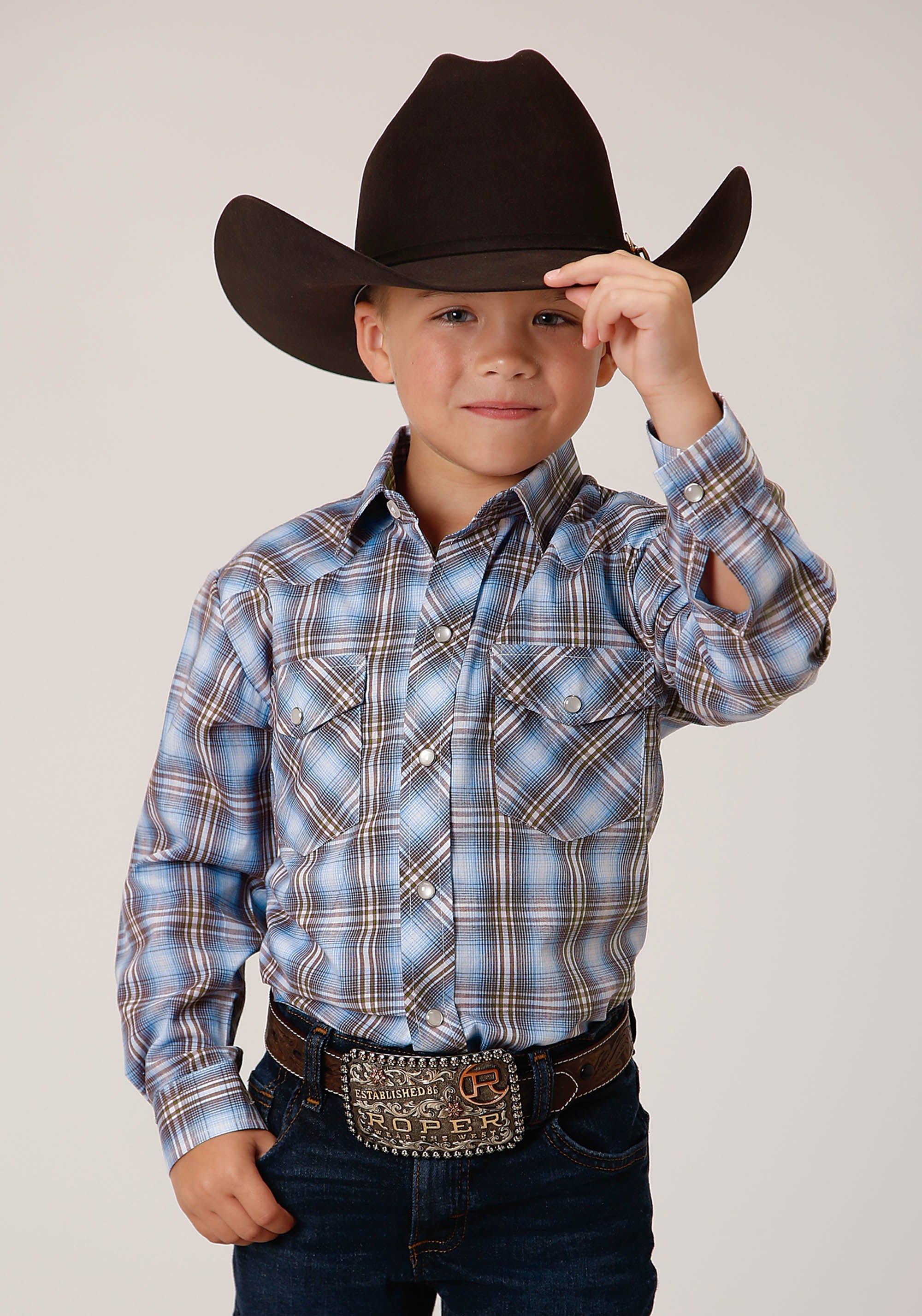 Roper Boys Long Sleeve Snap Light Blue Chocolate White Plaid Western Shirt