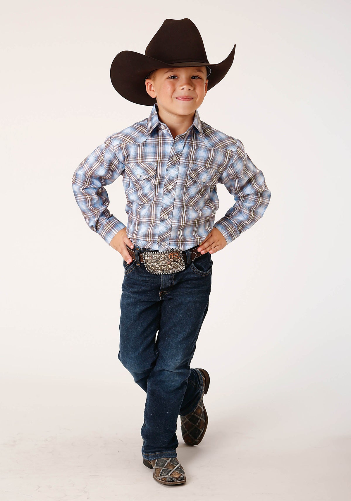 Roper Boys Long Sleeve Snap Light Blue Chocolate White Plaid Western Shirt - Flyclothing LLC