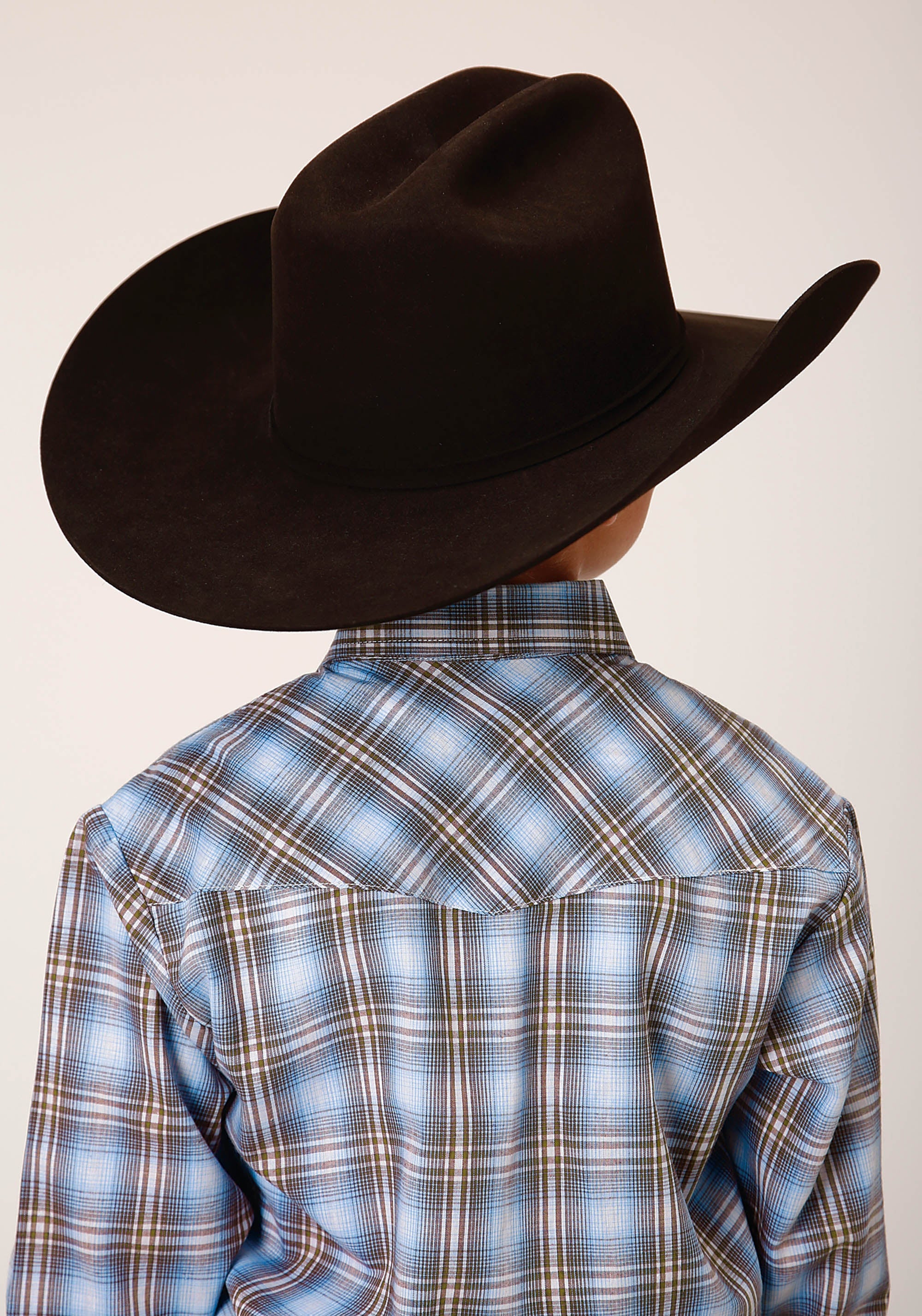 Roper Boys Long Sleeve Snap Light Blue Chocolate White Plaid Western Shirt - Flyclothing LLC