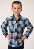 Roper Boys Long Sleeve Snap Light Blue And Navy Plaid Western Shirt