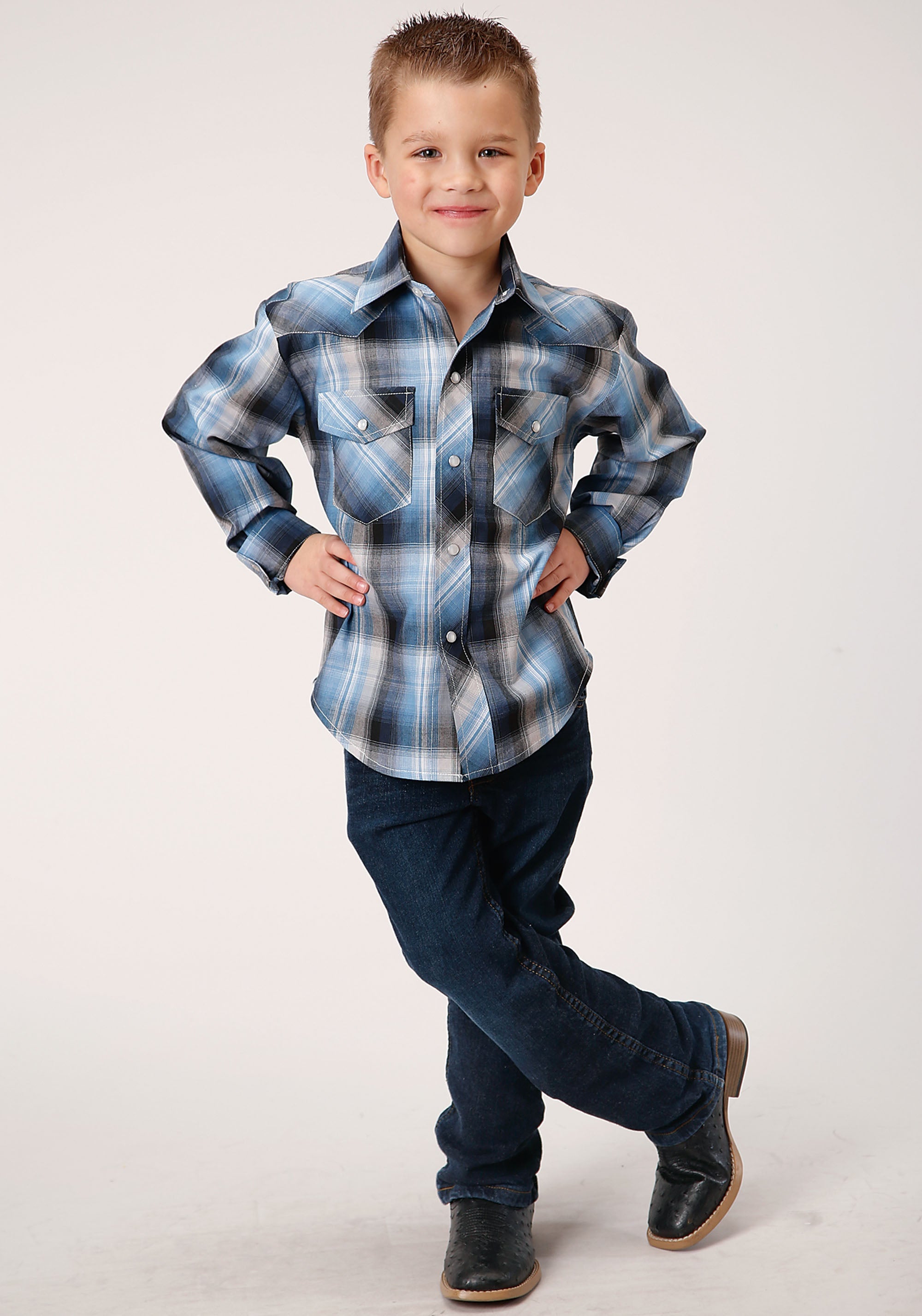 Roper Boys Long Sleeve Snap Light Blue And Navy Plaid Western Shirt - Flyclothing LLC