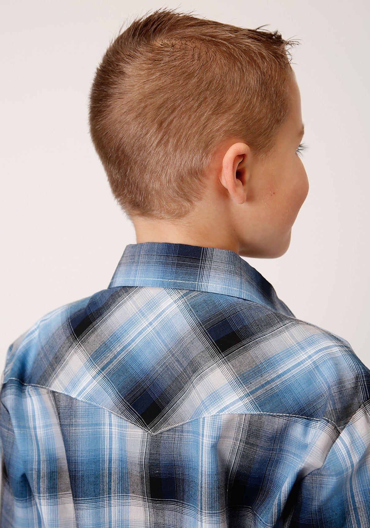 Roper Boys Long Sleeve Snap Light Blue And Navy Plaid Western Shirt - Flyclothing LLC