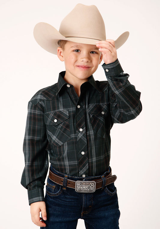 Roper Boys Long Sleeve Snap Forest Green And Navy Plaid Western Shirt