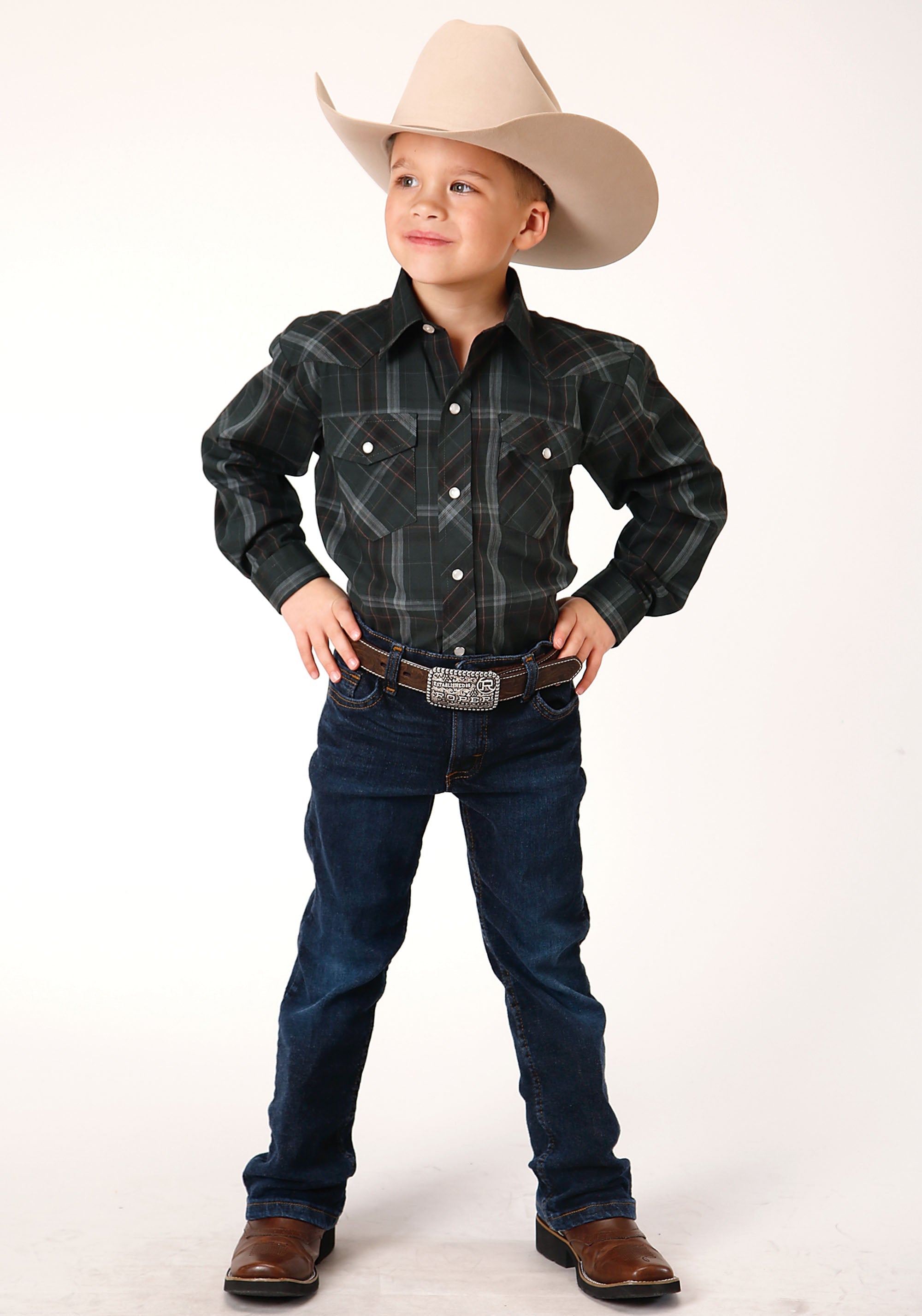 Roper Boys Long Sleeve Snap Forest Green And Navy Plaid Western Shirt - Flyclothing LLC