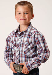 Roper Boys Long Sleeve Snap Wine Navy White Plaid Western Shirt