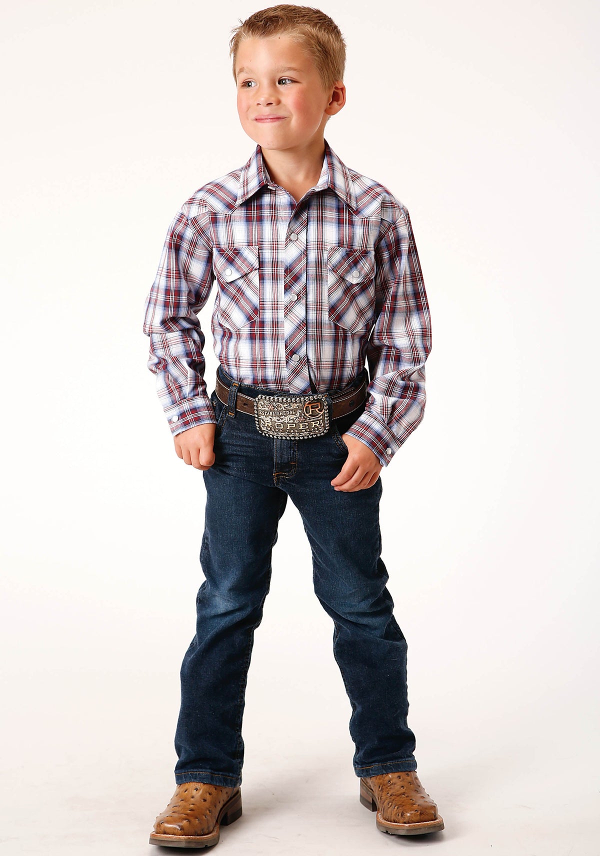 Roper Boys Long Sleeve Snap Wine Navy White Plaid Western Shirt - Flyclothing LLC