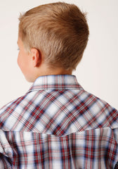 Roper Boys Long Sleeve Snap Wine Navy White Plaid Western Shirt - Flyclothing LLC