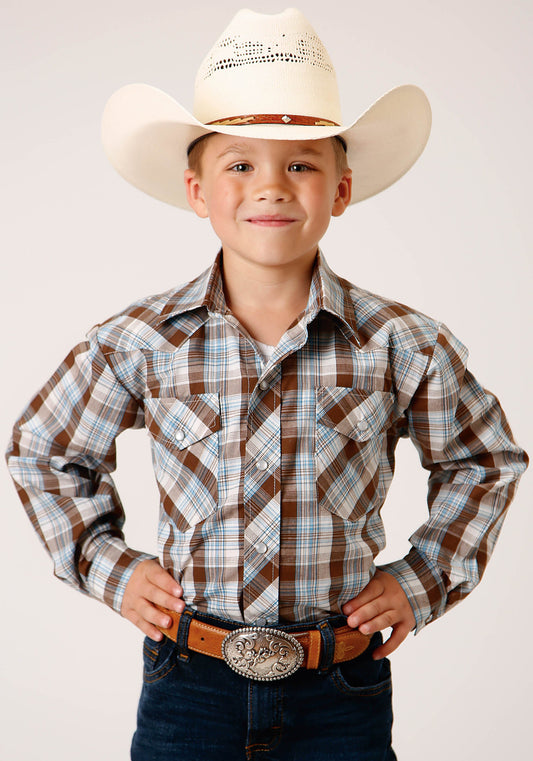 Roper Boys Long Sleeve Snap Brown Blue And White Plaid Western Shirt