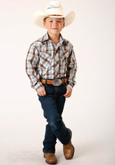 Roper Boys Long Sleeve Snap Brown Blue And White Plaid Western Shirt - Flyclothing LLC