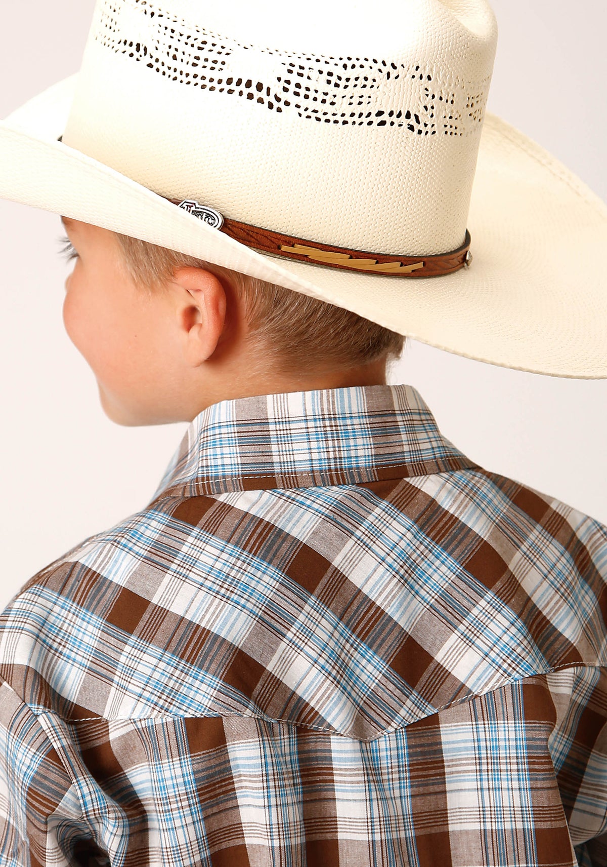 Roper Boys Long Sleeve Snap Brown Blue And White Plaid Western Shirt - Flyclothing LLC