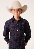 Roper Boys Long Sleeve Snap Navy Red White Windowpane Plaid Western Shirt