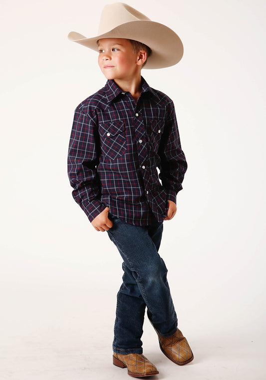 Roper Boys Long Sleeve Snap Navy Red White Windowpane Plaid Western Shirt - Flyclothing LLC