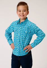 Roper Boys Long Sleeve Snap Turquoise And Grey Small Scale Plaid Western Shirt