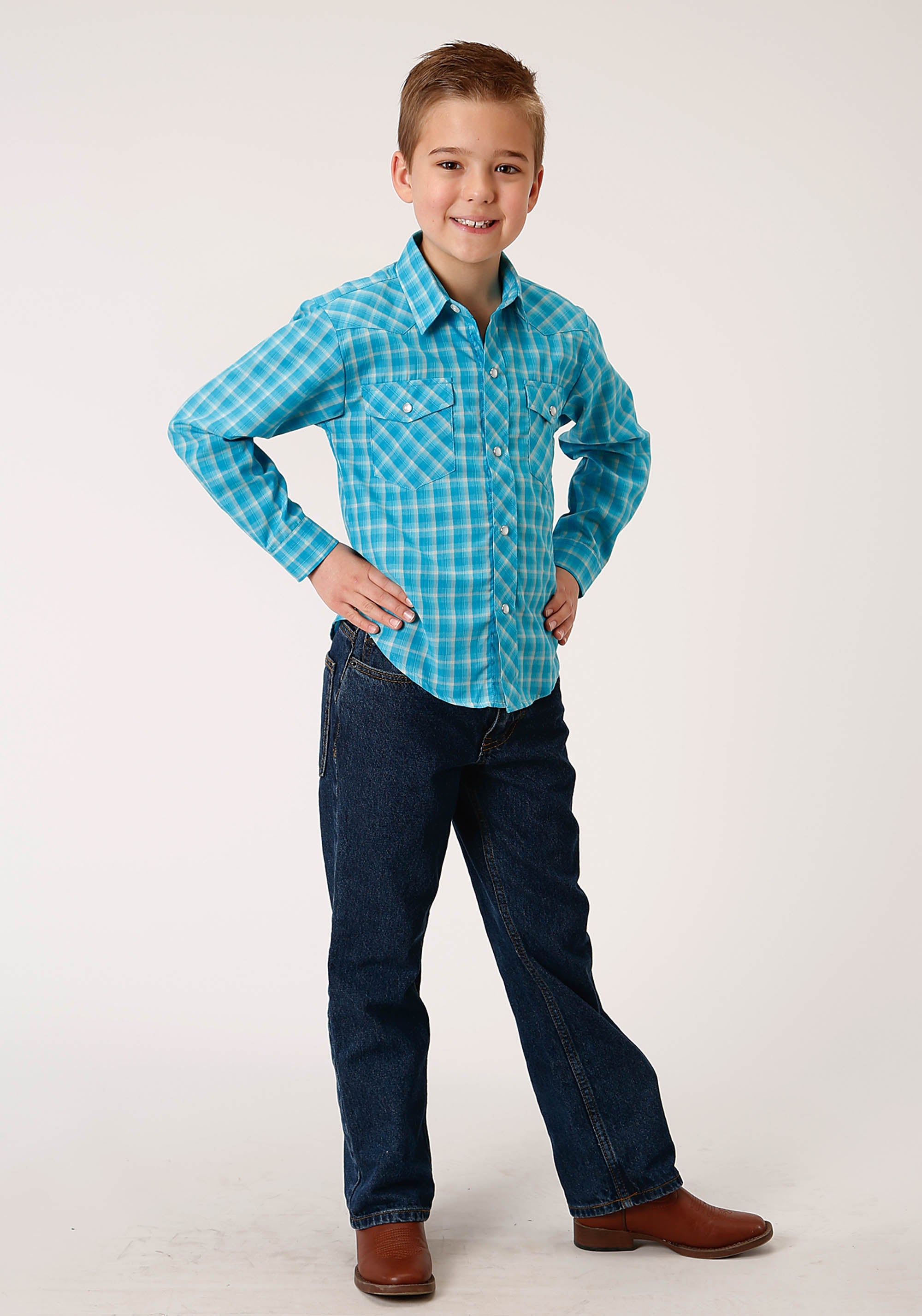 Roper Boys Long Sleeve Snap Turquoise And Grey Small Scale Plaid Western Shirt - Flyclothing LLC