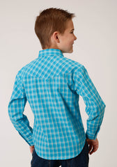 Roper Boys Long Sleeve Snap Turquoise And Grey Small Scale Plaid Western Shirt - Flyclothing LLC