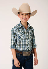 Roper Boys Long Sleeve Snap Olive Blue And Cream Plaid Western Shirt