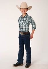 Roper Boys Long Sleeve Snap Olive Blue And Cream Plaid Western Shirt - Flyclothing LLC