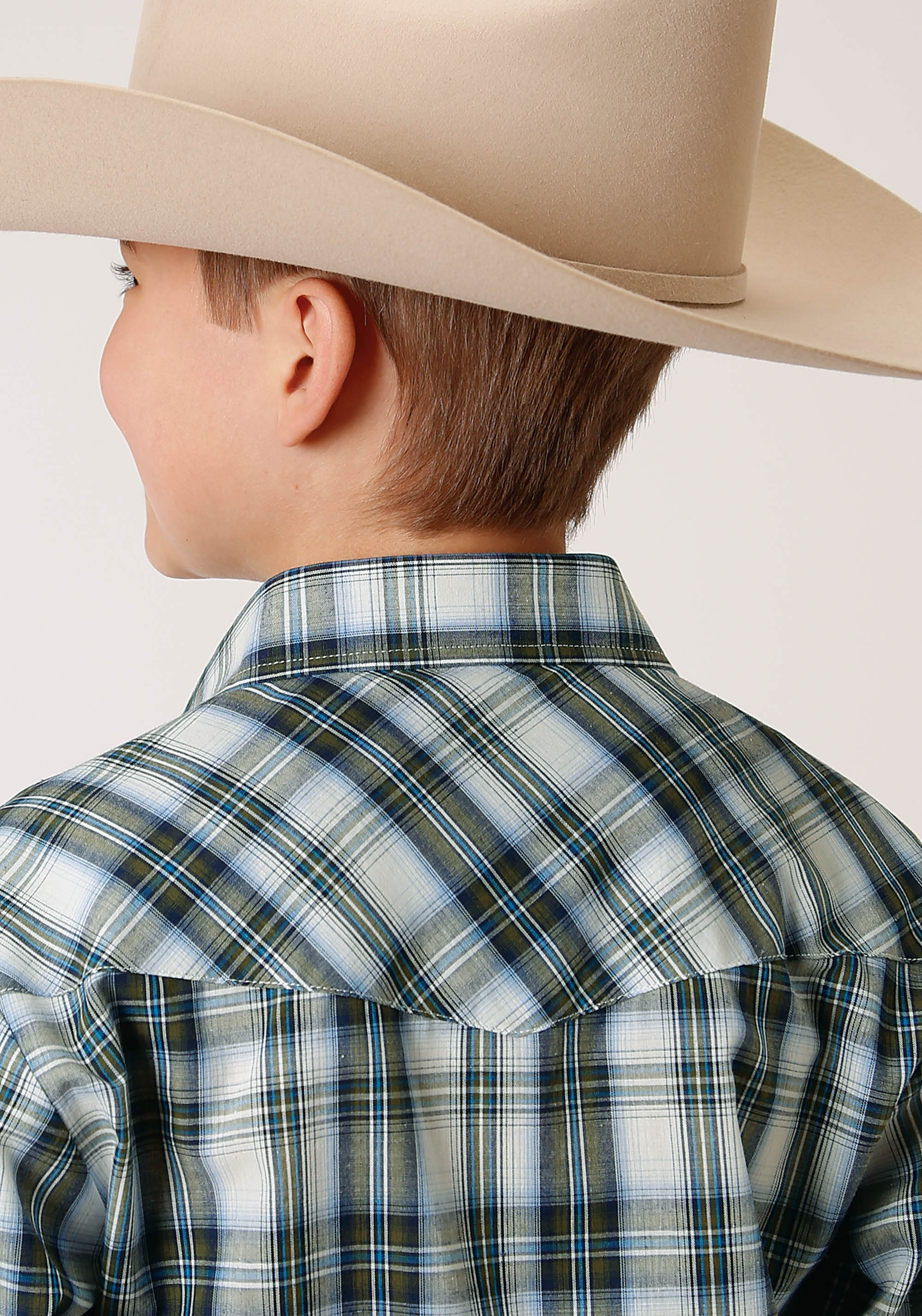 Roper Boys Long Sleeve Snap Olive Blue And Cream Plaid Western Shirt - Flyclothing LLC