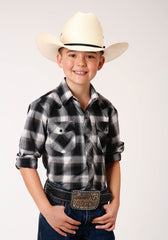 Roper Boys Long Sleeve Snap Black Charcoal And White Plaid Western Shirt