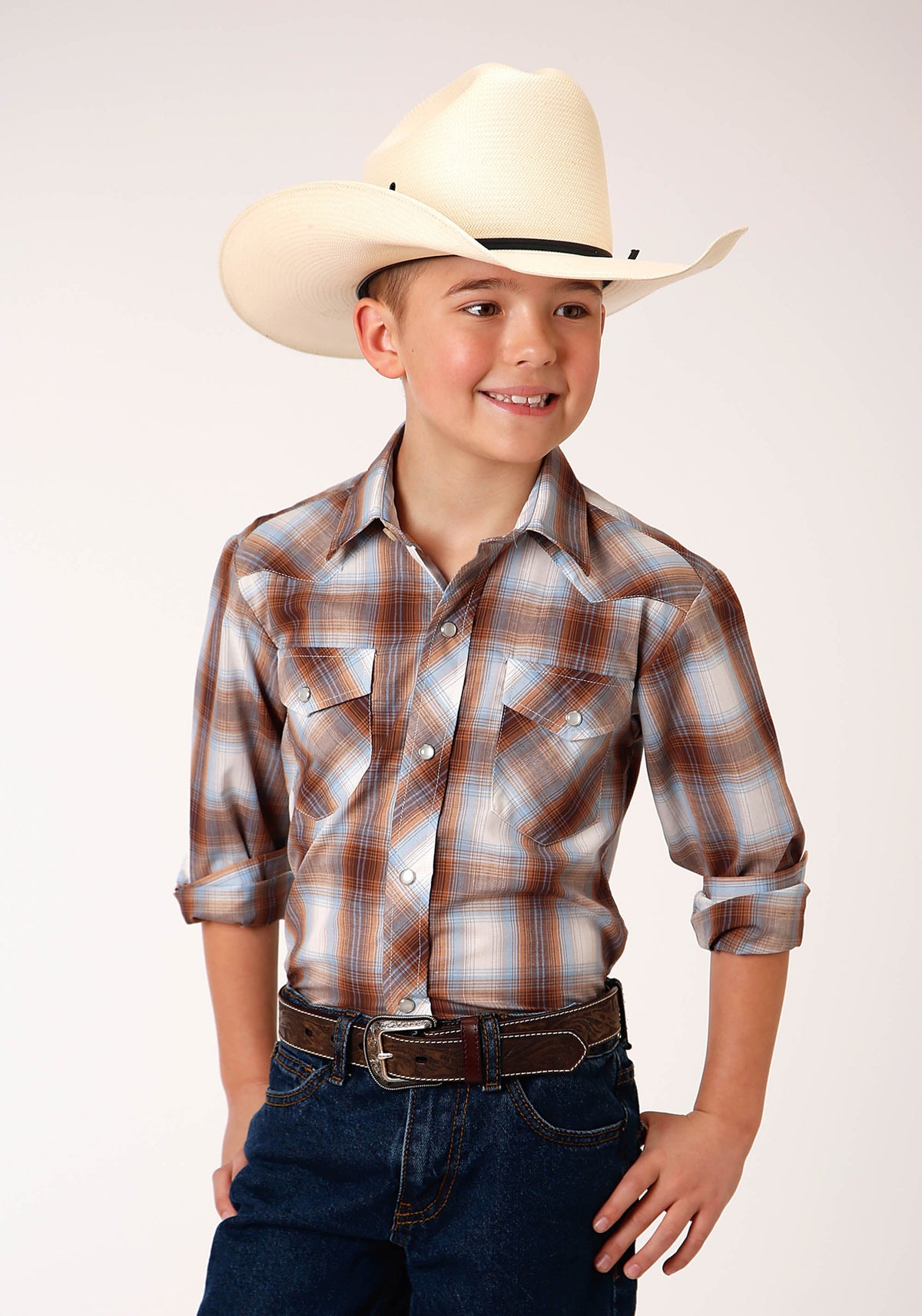 Roper Boys Long Sleeve Snap Butterscotch Light Blue And Cream Plaid Western Shirt