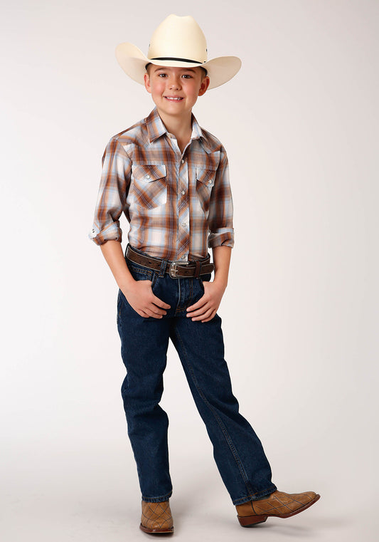 Roper Boys Long Sleeve Snap Butterscotch Light Blue And Cream Plaid Western Shirt - Flyclothing LLC