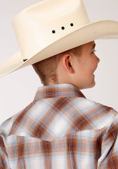 Roper Boys Long Sleeve Snap Butterscotch Light Blue And Cream Plaid Western Shirt - Flyclothing LLC