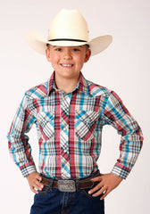 Roper Boys Long Sleeve Snap Cream Turquoise Red Black Plaid Western Shirt