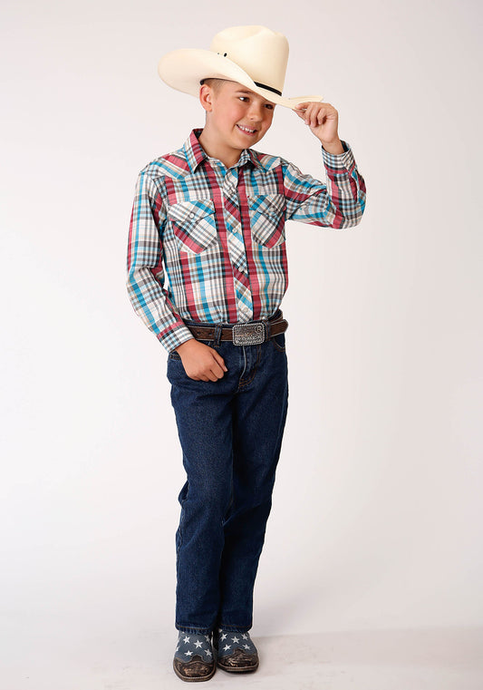 Roper Boys Long Sleeve Snap Cream Turquoise Red Black Plaid Western Shirt - Flyclothing LLC