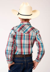 Roper Boys Long Sleeve Snap Cream Turquoise Red Black Plaid Western Shirt - Flyclothing LLC