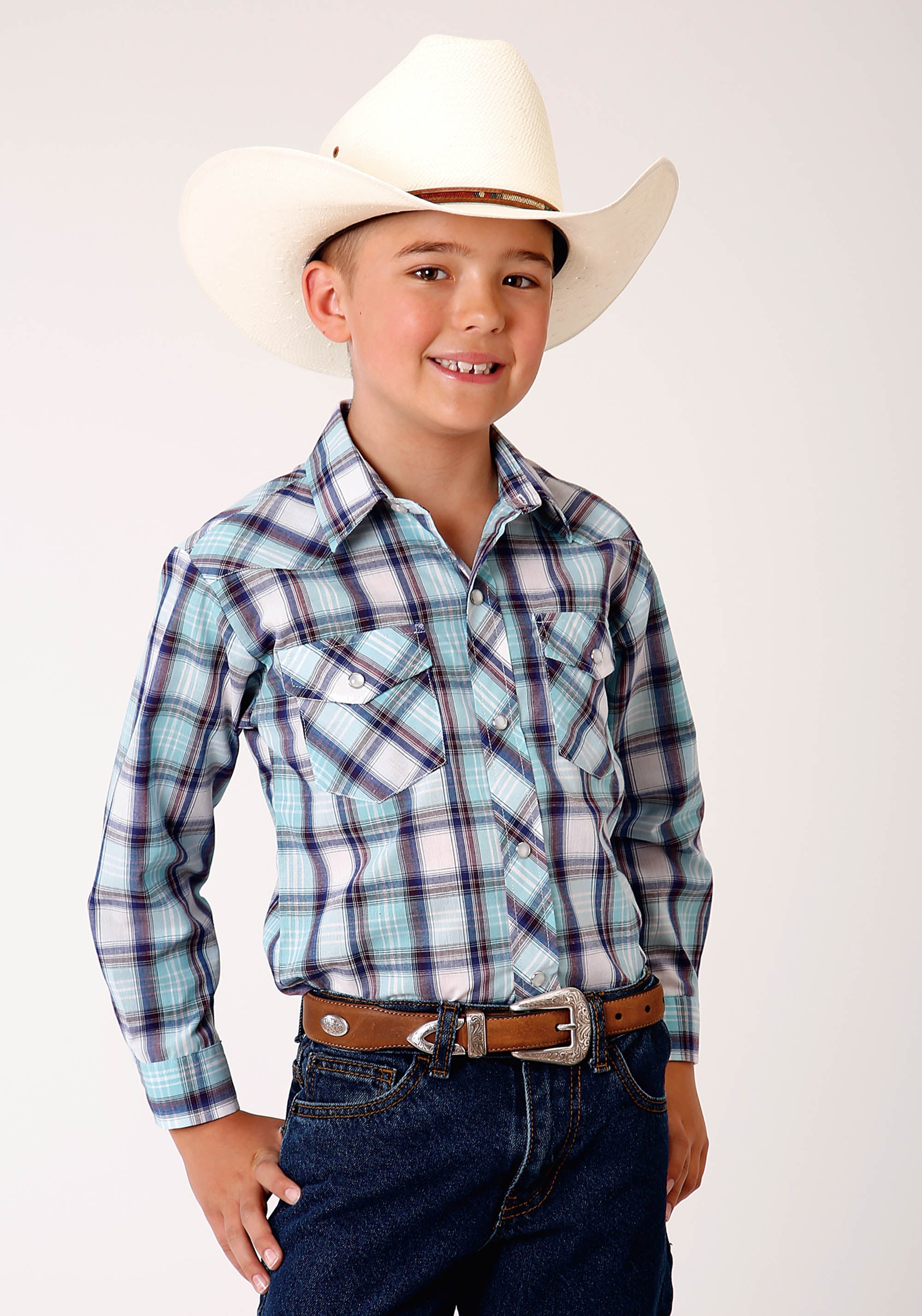 Roper Boys Long Sleeve Snap Aqua Blue Wine White Plaid Western Shirt