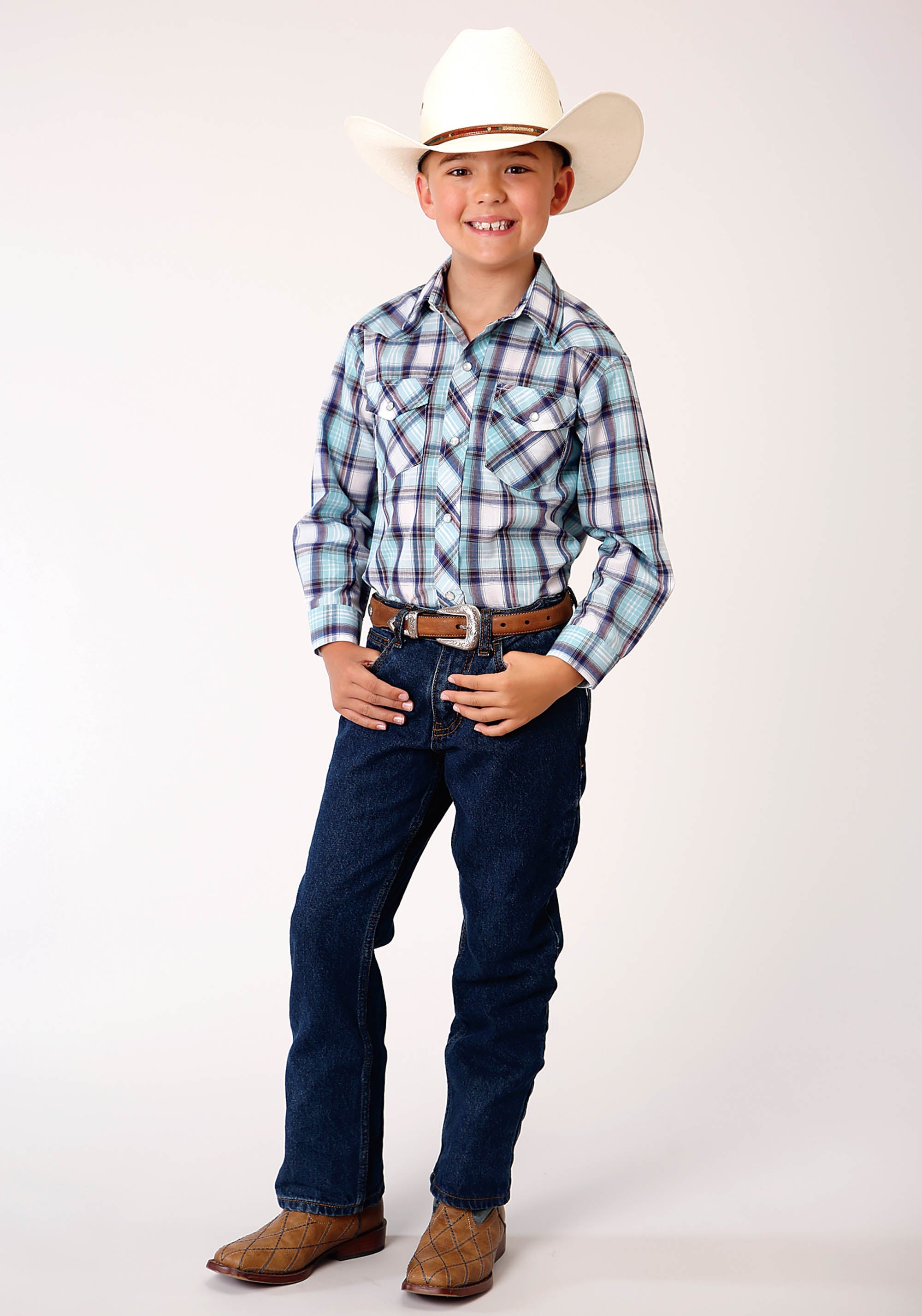 Roper Boys Long Sleeve Snap Aqua Blue Wine White Plaid Western Shirt - Flyclothing LLC