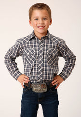 Roper Boys Long Sleeve Snap Navy Cream Tan Small Scale Plaid Western Shirt