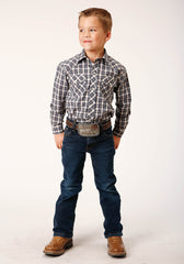 Roper Boys Long Sleeve Snap Navy Cream Tan Small Scale Plaid Western Shirt - Flyclothing LLC