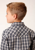 Roper Boys Long Sleeve Snap Navy Cream Tan Small Scale Plaid Western Shirt - Flyclothing LLC