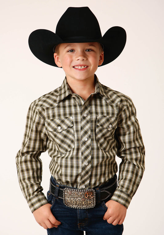 Roper Boys Long Sleeve Snap Olive Black Cream Plaid Western Shirt