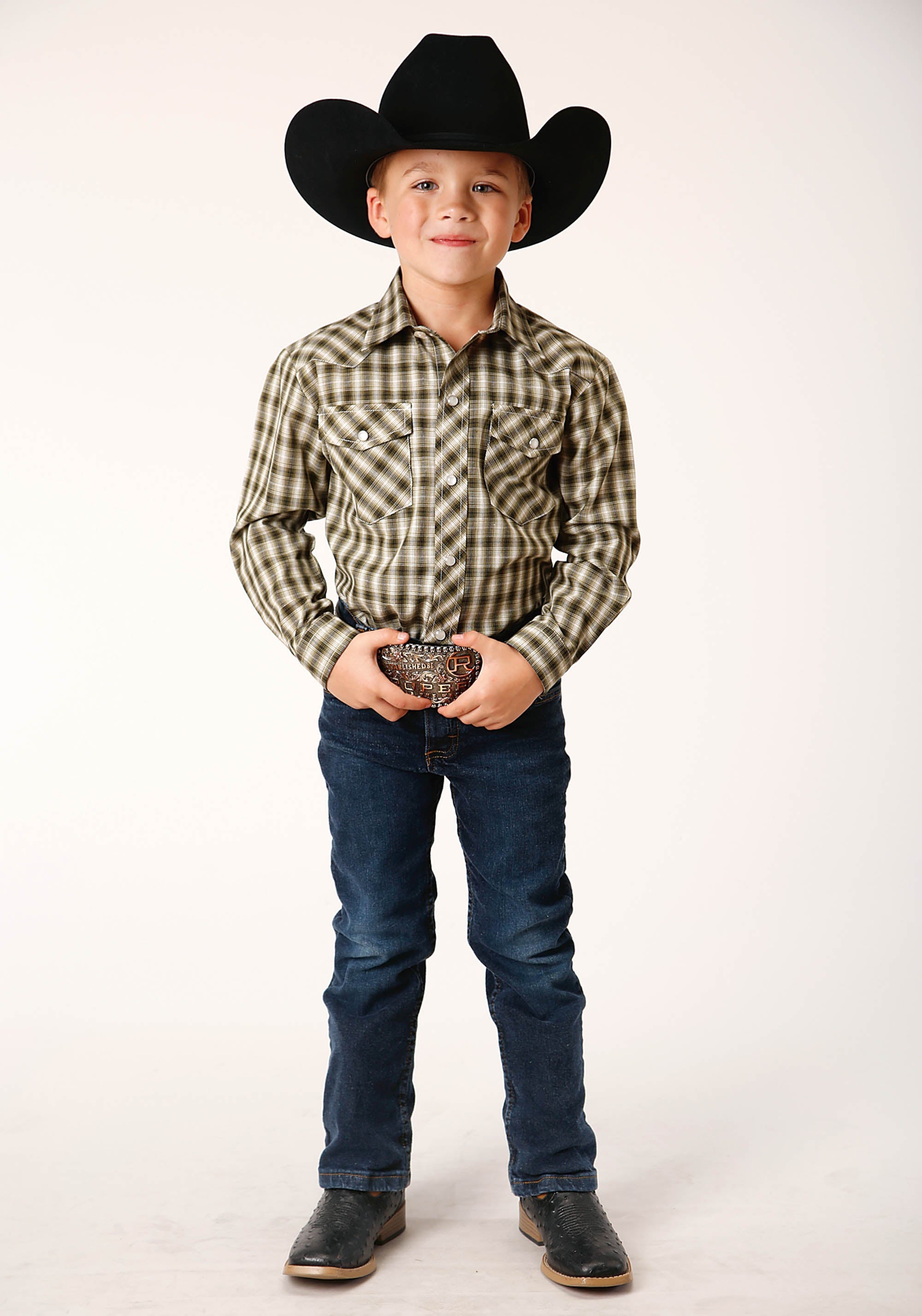 Roper Boys Long Sleeve Snap Olive Black Cream Plaid Western Shirt - Flyclothing LLC