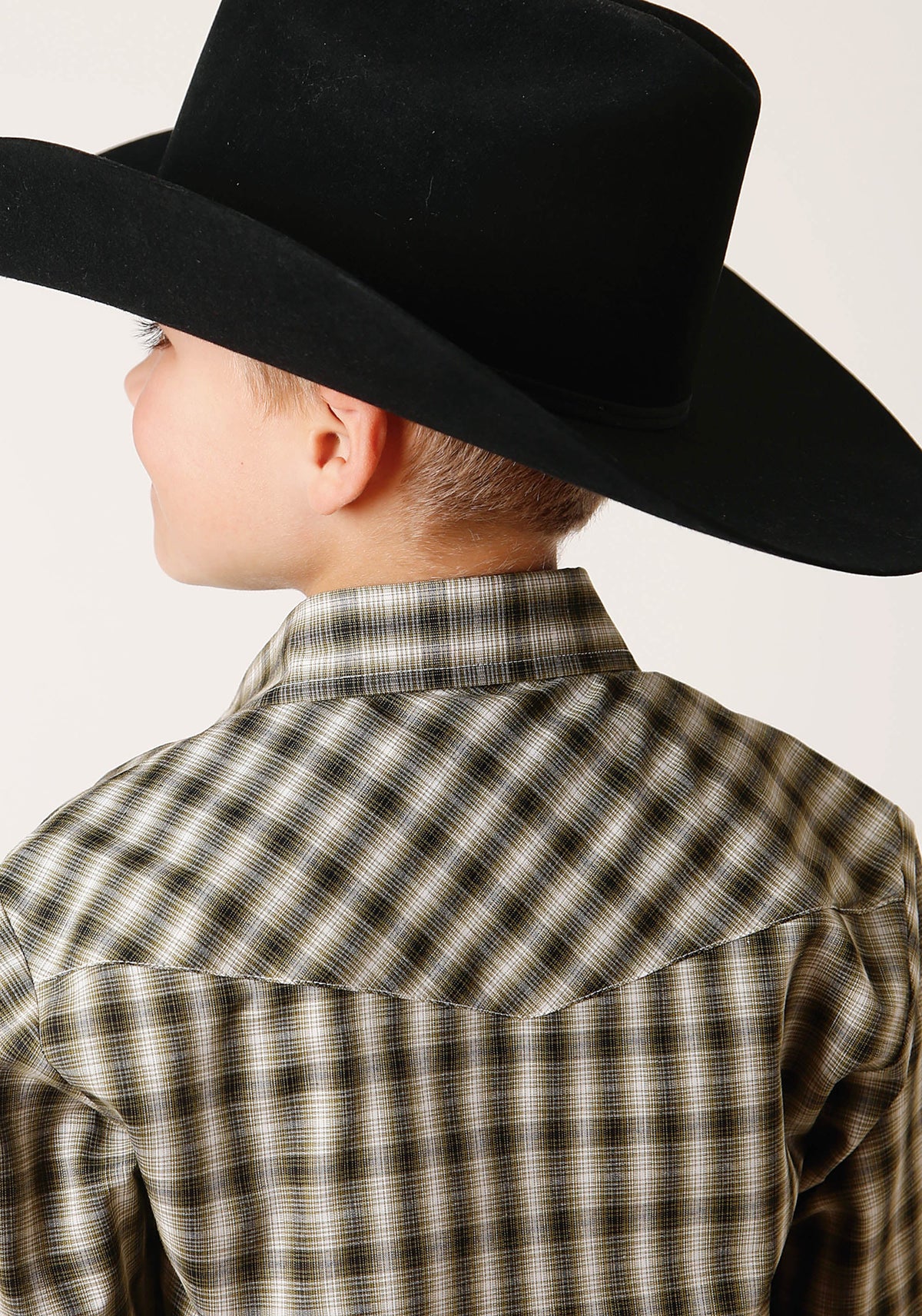 Roper Boys Long Sleeve Snap Olive Black Cream Plaid Western Shirt - Flyclothing LLC