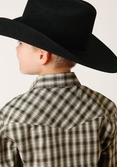 Roper Boys Long Sleeve Snap Olive Black Cream Plaid Western Shirt - Flyclothing LLC