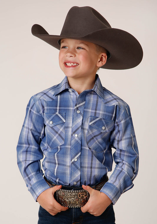 Roper Boys Long Sleeve Snap Blue White Navy Plaid Western Shirt