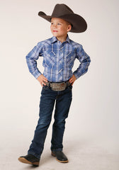 Roper Boys Long Sleeve Snap Blue White Navy Plaid Western Shirt - Flyclothing LLC