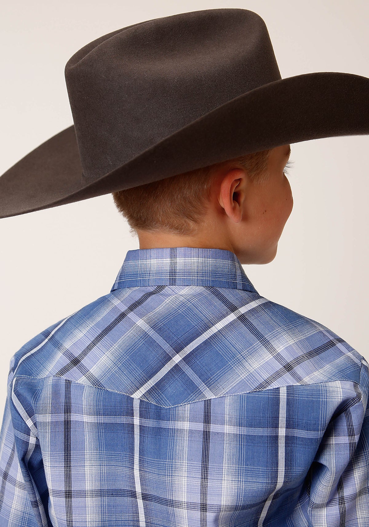 Roper Boys Long Sleeve Snap Blue White Navy Plaid Western Shirt - Flyclothing LLC