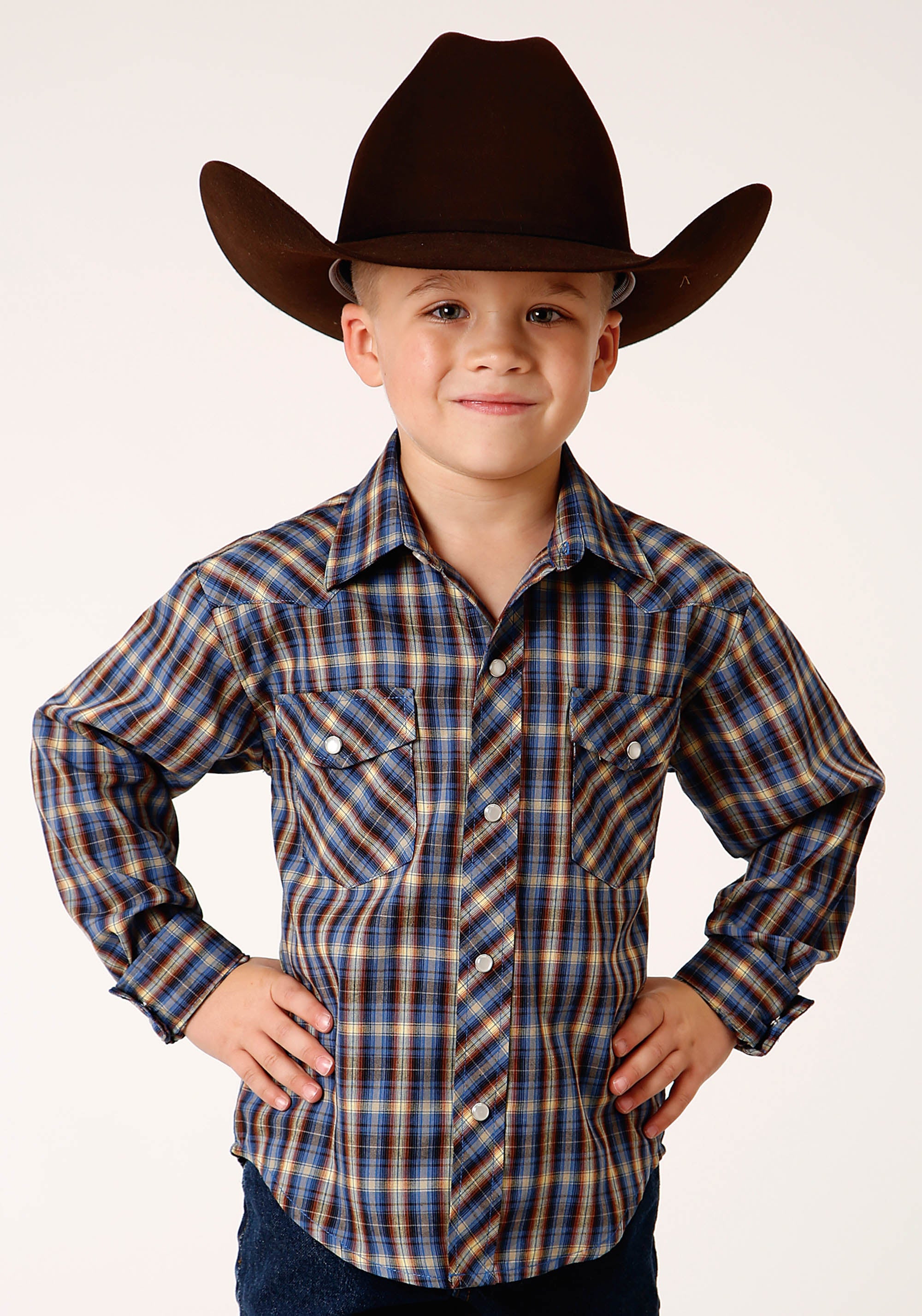 Roper Boys Long Sleeve Snap Royal Brown And Yellow Plaid Western Shirt