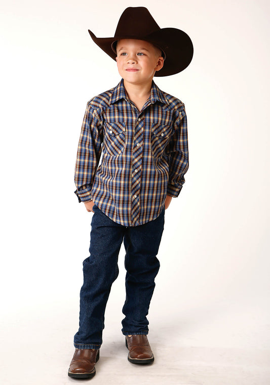 Roper Boys Long Sleeve Snap Royal Brown And Yellow Plaid Western Shirt - Flyclothing LLC