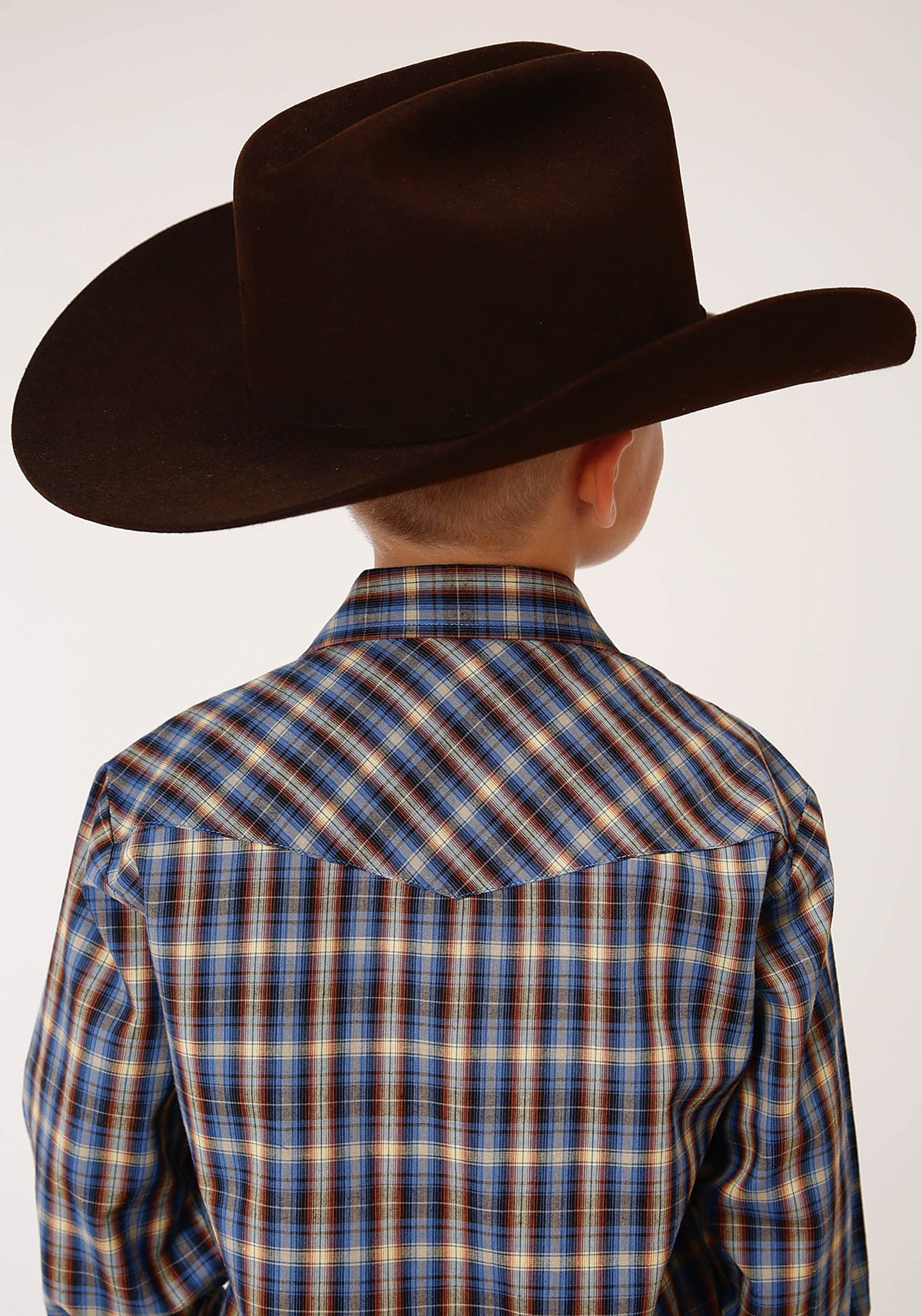 Roper Boys Long Sleeve Snap Royal Brown And Yellow Plaid Western Shirt - Flyclothing LLC