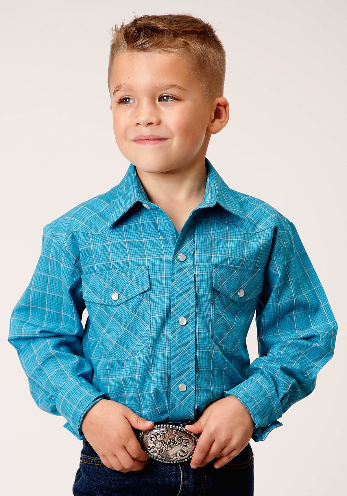 Roper Boys Long Sleeve Snap Turquoise Black And Orange Windowpane Plaid Western Shirt